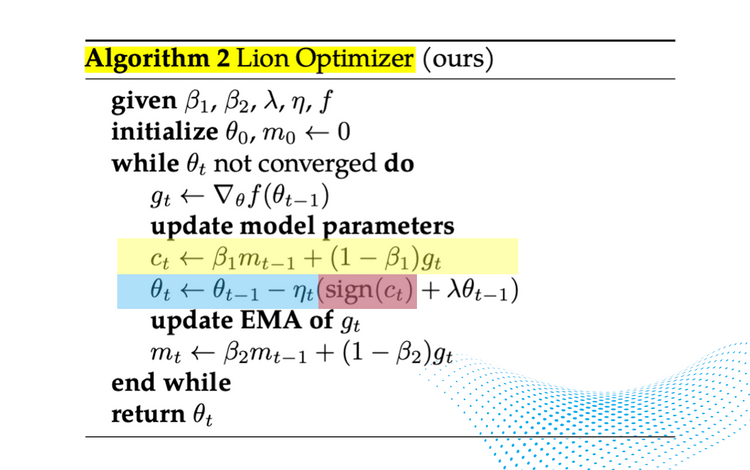 Highlighted pseudocode for the Lion optimizer