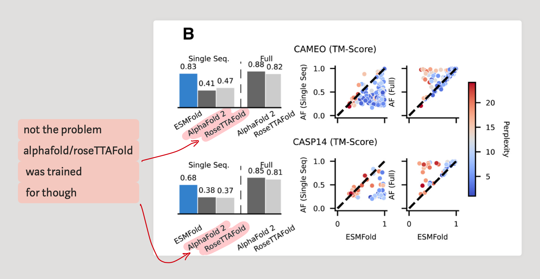 ESMFold, AlphaFold2, and RoseTTAFold TM-score comparisons on CAMEO and CASP14